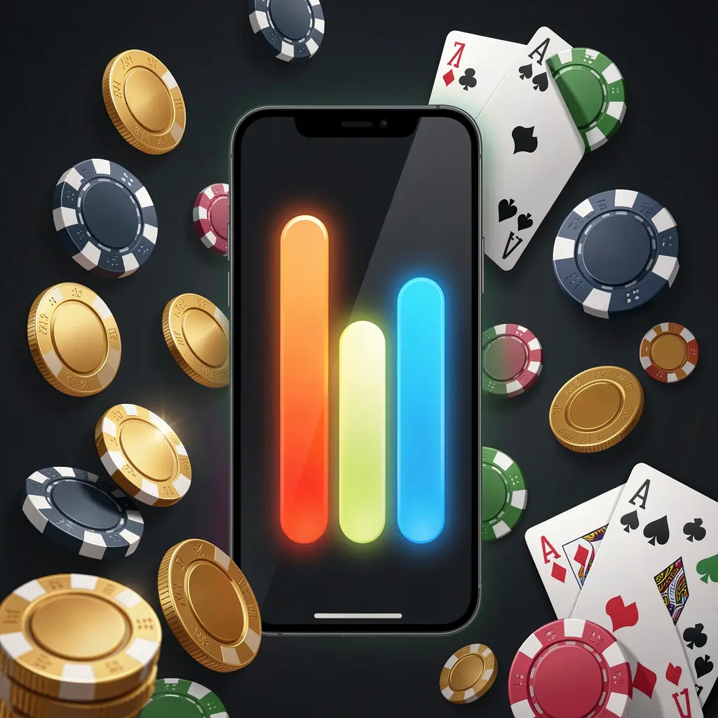 Smartphone exibindo a instalação do aplicativo de cassino 831BET com barra de progresso brilhante, cercado por moedas, fichas e cartas sobre um fundo escuro representando jogos móveis premium