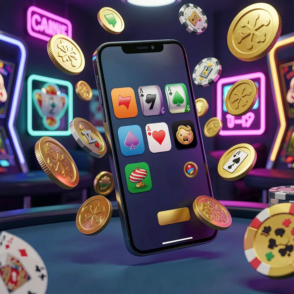 Renderização 3D realista de um celular moderno exibindo o aplicativo de cassino Android da 831BET com ícones de aplicativos, cercado por moedas douradas e símbolos de caça-níqueis em uma atmosfera neon de cassino