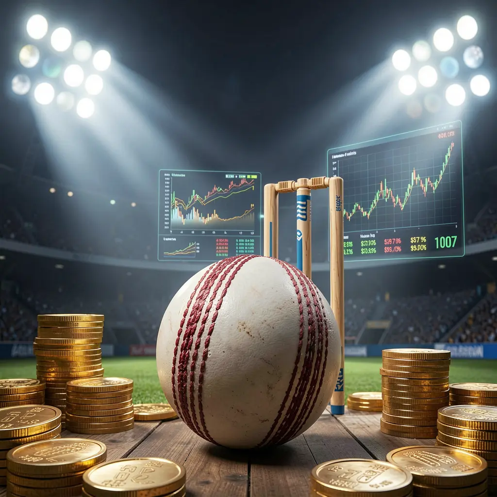 Holofotes dramáticos de um estádio de críquete iluminando uma bola de críquete em primeiro plano com wickets atrás, moedas douradas e gráficos de dados brilhantes destacando o fundo da página de apostas em críquete da 831BET