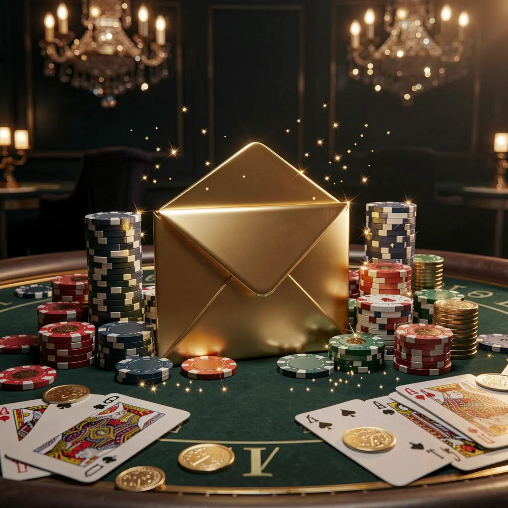 Cena exclusiva de promoção de cassino da 831BET apresentando um envelope dourado cercado por fichas, moedas e cartas de baralho contra um fundo escuro luxuoso com luzes brilhantes em uma renderização 3D cinematográfica Cena exclusiva de promoção de cassino da 831BET apresentando um envelope dourado cercado por fichas, moedas e cartas de baralho contra um fundo escuro luxuoso com luzes brilhantes em uma renderização 3D cinematográfica