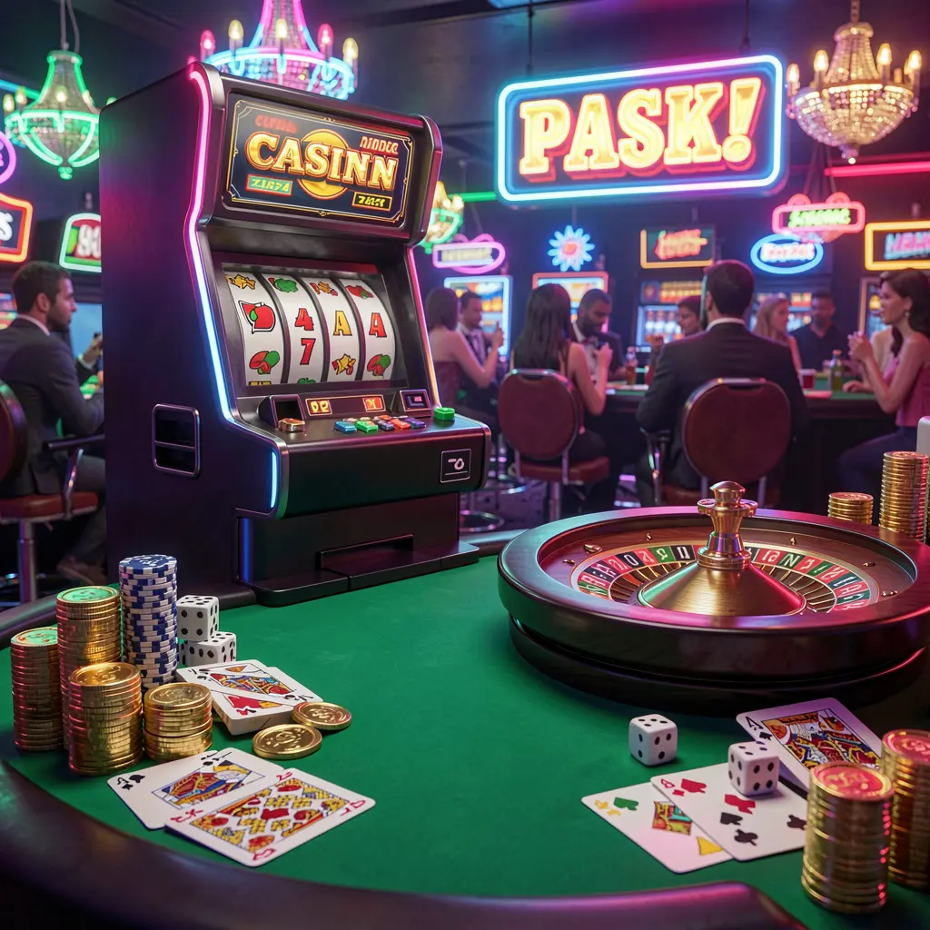 Cena empolgante de entretenimento de cassino apresentando uma máquina caça-níqueis, roleta, dados, cartas e moedas douradas iluminados por luzes neon coloridas, exibindo a atmosfera premium da 831BET em uma renderização 3D de alta qualidade