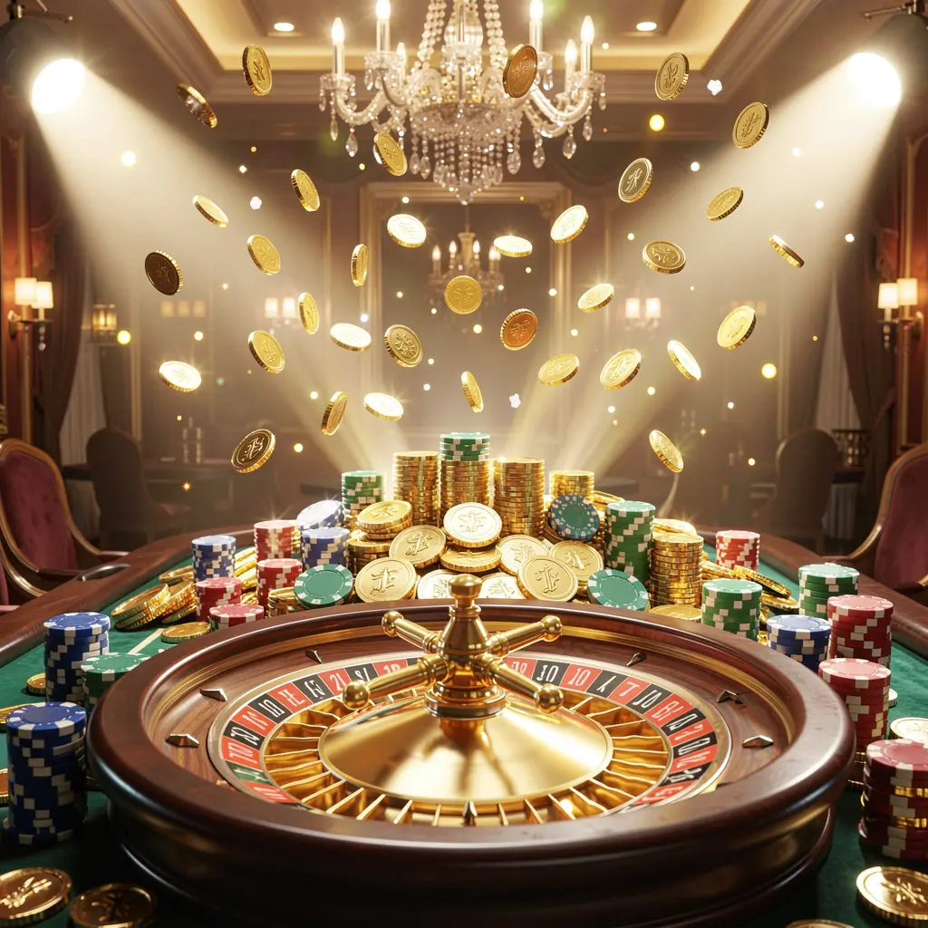 Cena de jackpot de cassino da 831BET apresentando moedas douradas, fichas de pôquer e uma roleta iluminadas por luzes brilhantes em uma atmosfera luxuosa de celebração