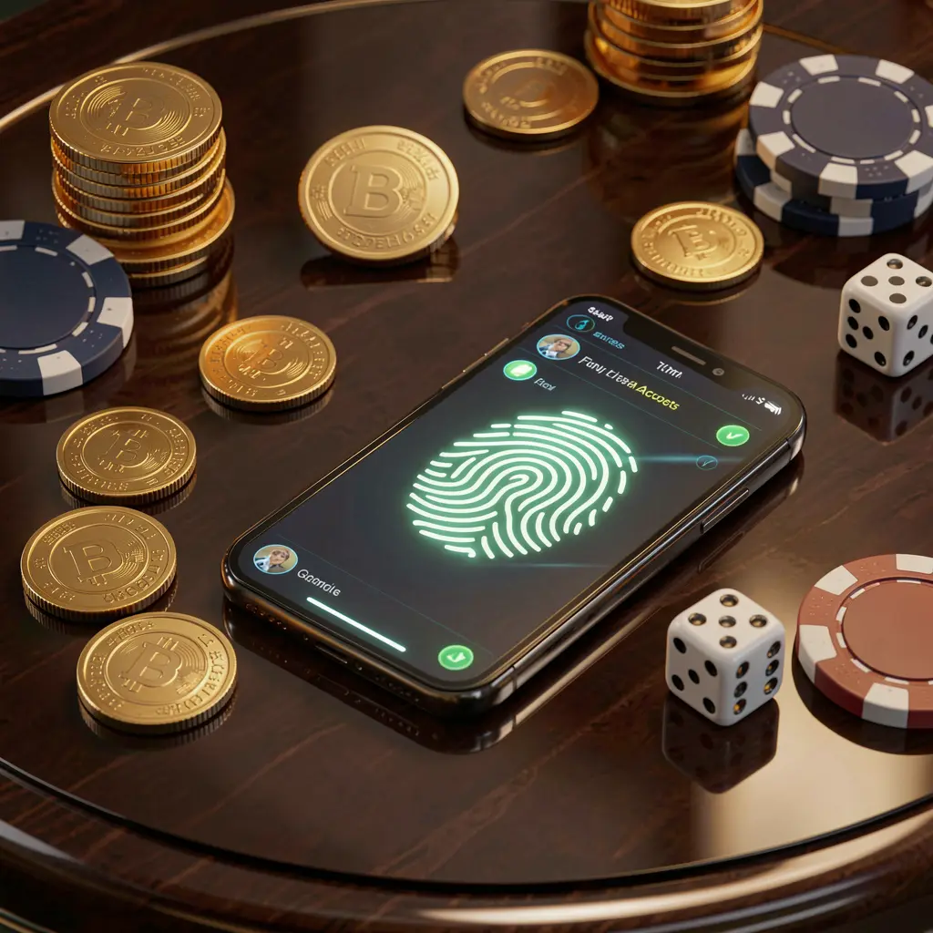 Cena de acesso à conta de jogos online da 831BET com smartphone exibindo um ícone luminoso de impressão digital, moedas douradas, dados e fichas de pôquer sobre uma mesa brilhante sob iluminação cinematográfica