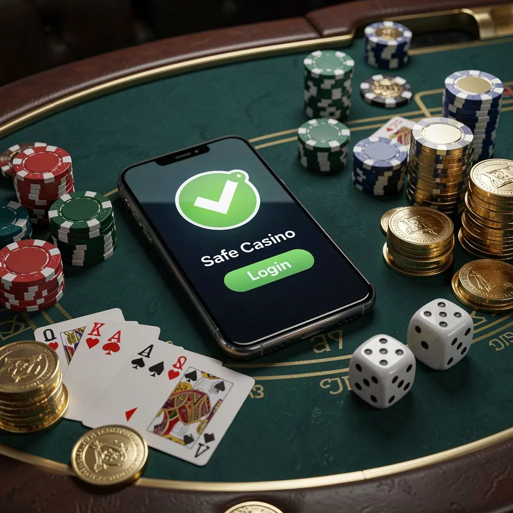 Conceito de login seguro no cassino da 831BET mostrando um smartphone com um ícone de marca de verificação cercado por fichas, cartas, dados e moedas douradas sobre uma elegante mesa de cassino luxuosa em uma renderização 3D realista