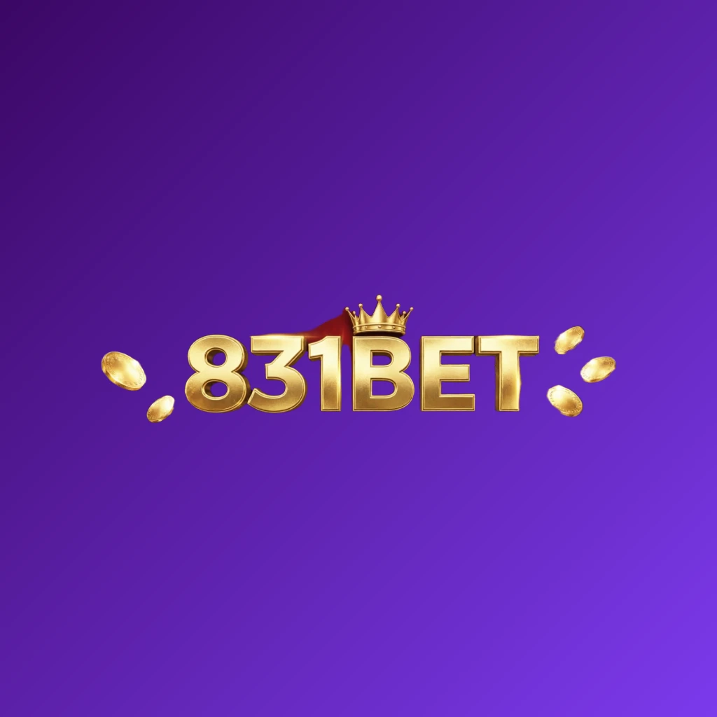 Logotipo em estilo de cassino para 831BET com letras douradas, um elemento de coroa e moedas brilhantes, inserido em uma atmosfera luxuosa de jogos sobre fundo transparente, criado como uma marca nominativa retangular horizontal para o cabeçalho de um site