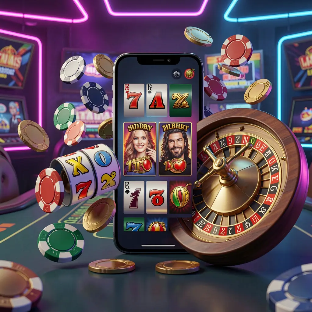 Conceito de página inicial de entretenimento de cassino da 831BET apresentando um celular moderno cercado por símbolos de caça-níqueis, uma roleta, fichas e moedas flutuando contra um fundo neon de cassino em uma renderização 3D premium